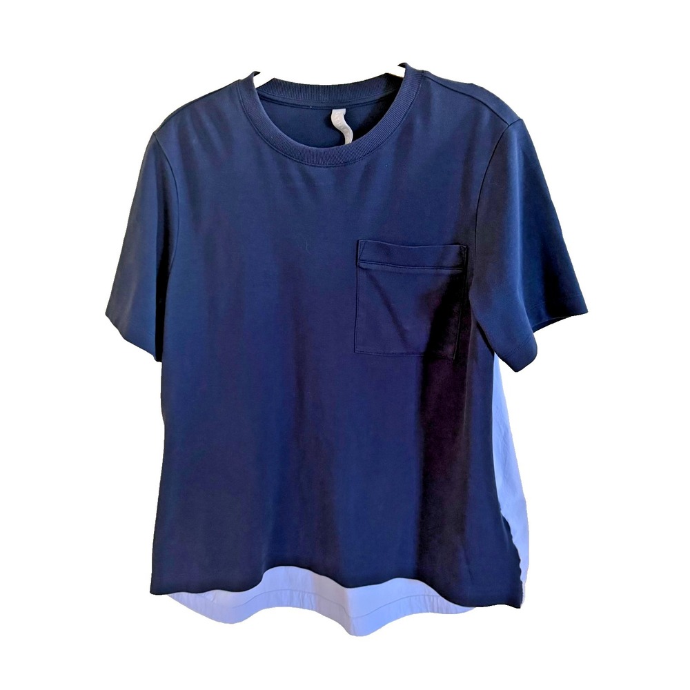 Athleta Two Toned Short Sleeve Pocket Shirt Navy Light Blue Womens Small Athleti